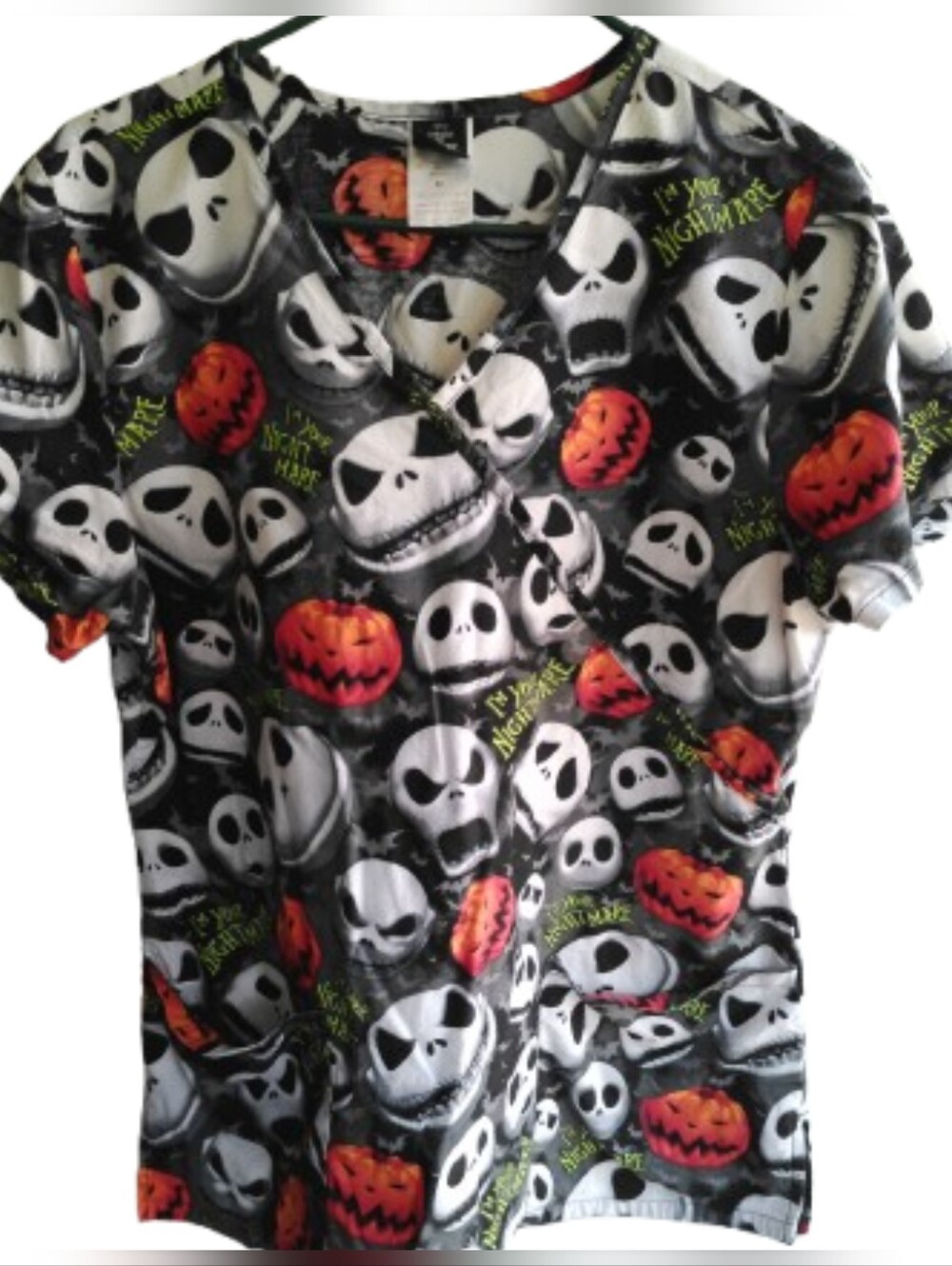 Halloween Jack Skellington Print Scrub Top - Black, White & Orange